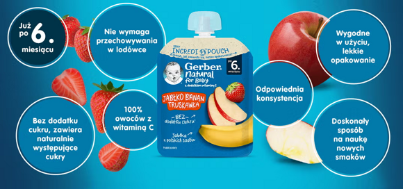 Nowa tubka Gerber Incredipouch Jabłko banan truskawka Nowa tubka Gerber Incredipouch Jabłko banan truskawka